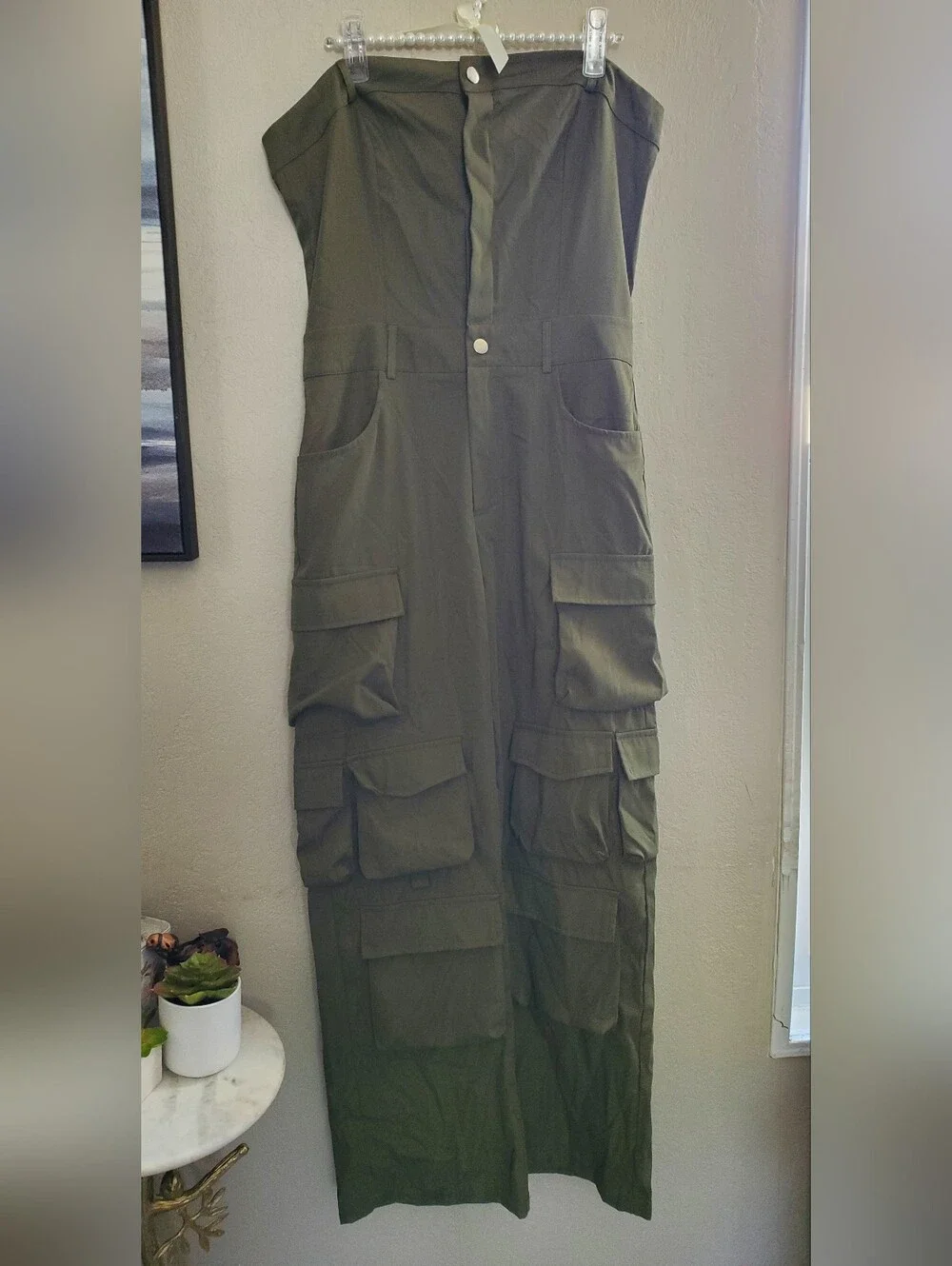 Strapless Olive Green Cargo Jumpsuit for Women - Picture 3 of 7